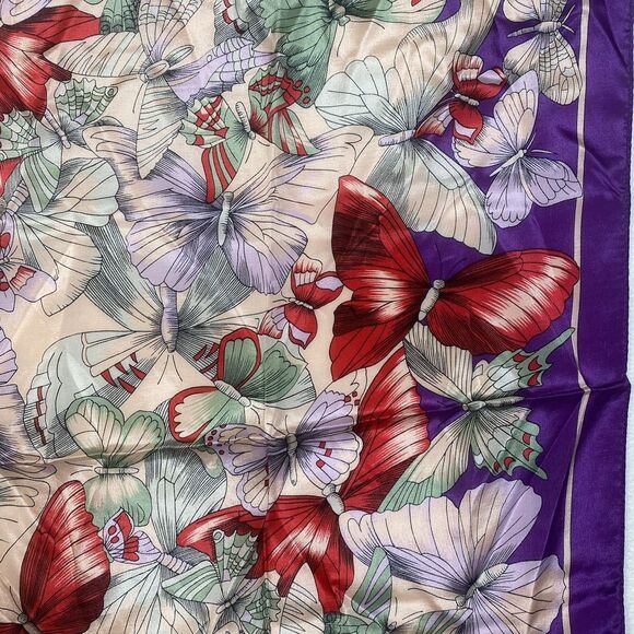 The Luxury of Silk 100% Silk Scarf Made in Japan Butterfly Print Purple Border - Picture 5 of 9